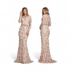 mac duggal chain halter keyhole-cutout a-line maxi dress Beige Chain Trim Keyhole Halter Neck A Line Gown
